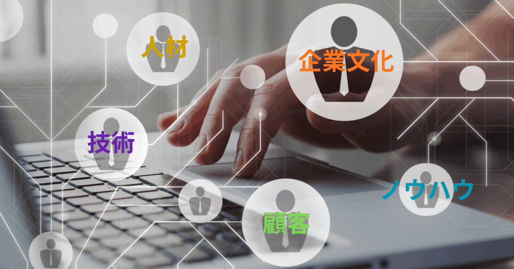 「技術」「顧客」「人材」「企業文化」「ノウハウ」という5つの要素が、一つの会社の価値を支えている図解。